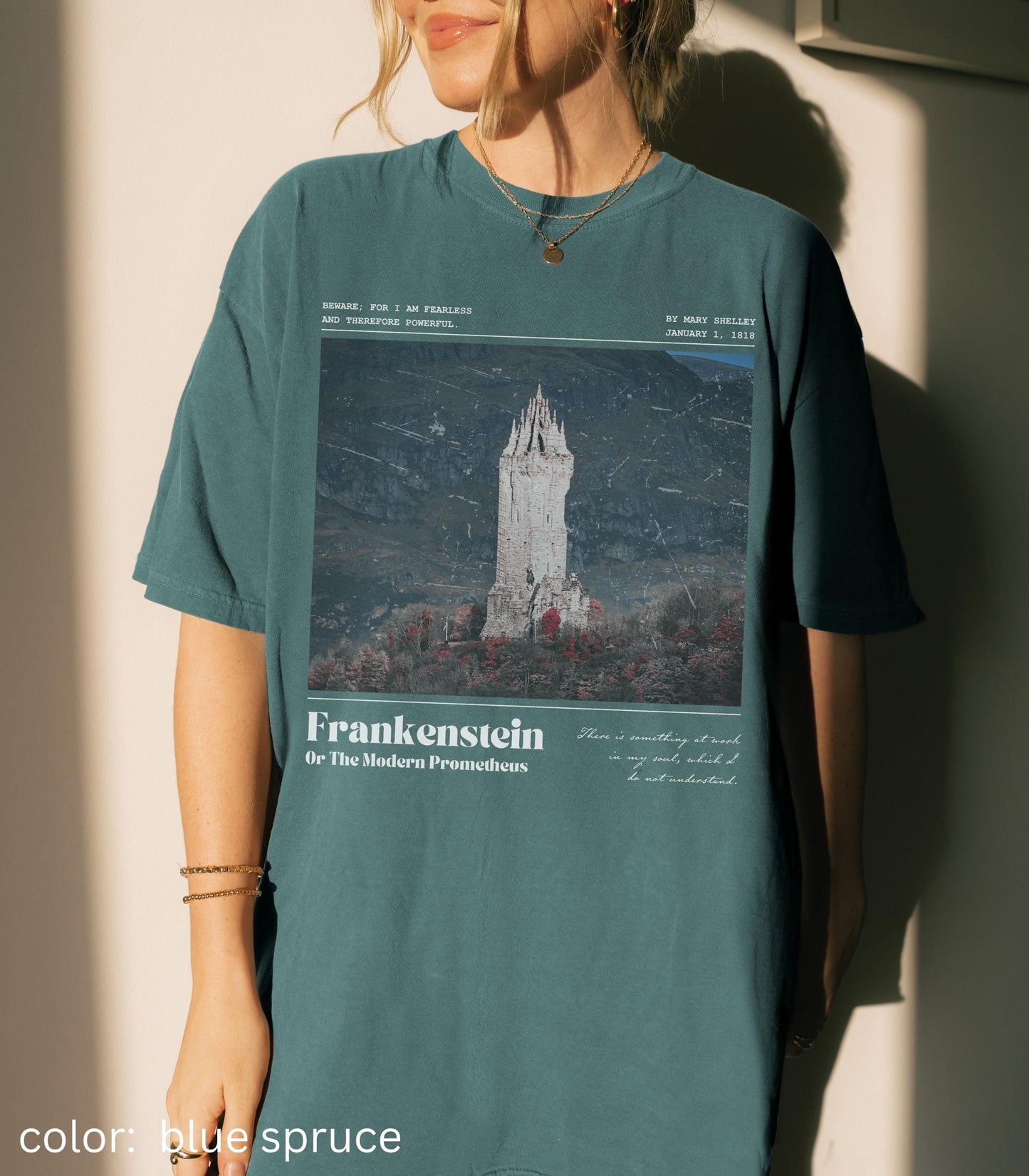Frankenstein Tower Gothic Subtle Bookish Comfort Colors Tee * Mary Shelley Quote Christmas 2025 Horror Movie Dark Academia Monsters Together