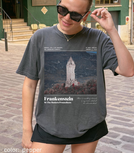 Frankenstein Tower Gothic Subtle Bookish Comfort Colors Tee * Mary Shelley Quote Christmas 2025 Horror Movie Dark Academia Monsters Together