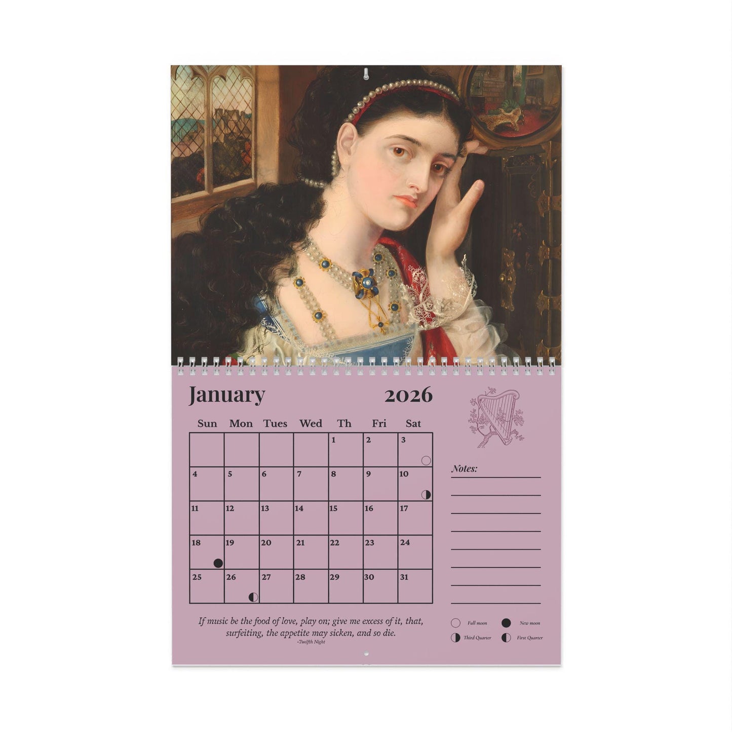 2026 Shakespeare Wall Calendar * Gift for Readers Bookish Home Office Decor Secret Santa Ophelia Waterhouse Pre Raphaelite Art Book Lover