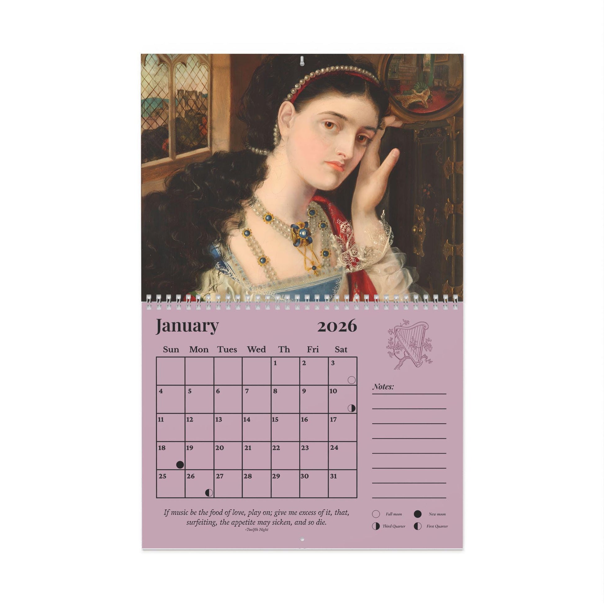 2026 Shakespeare Wall Calendar * Gift for Readers Bookish Home Office Decor Secret Santa Ophelia Waterhouse Pre Raphaelite Art Book Lover