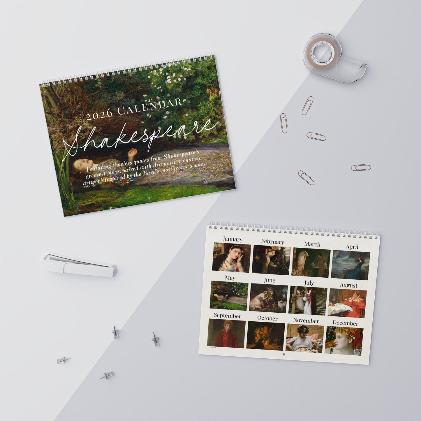 2026 Shakespeare Wall Calendar * Gift for Readers Bookish Home Office Decor Secret Santa Ophelia Waterhouse Pre Raphaelite Art Book Lover