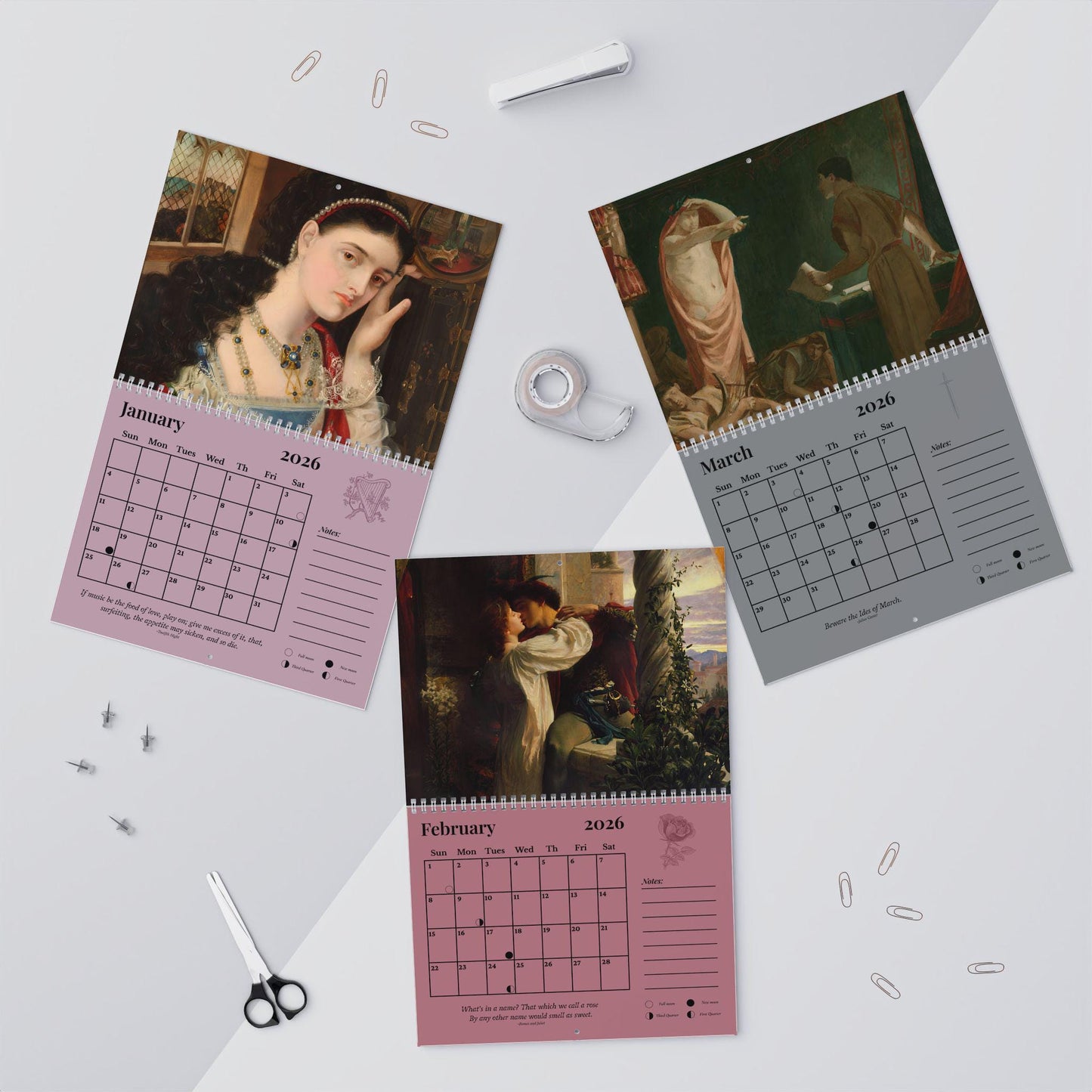 2026 Shakespeare Wall Calendar * Gift for Readers Bookish Home Office Decor Secret Santa Ophelia Waterhouse Pre Raphaelite Art Book Lover