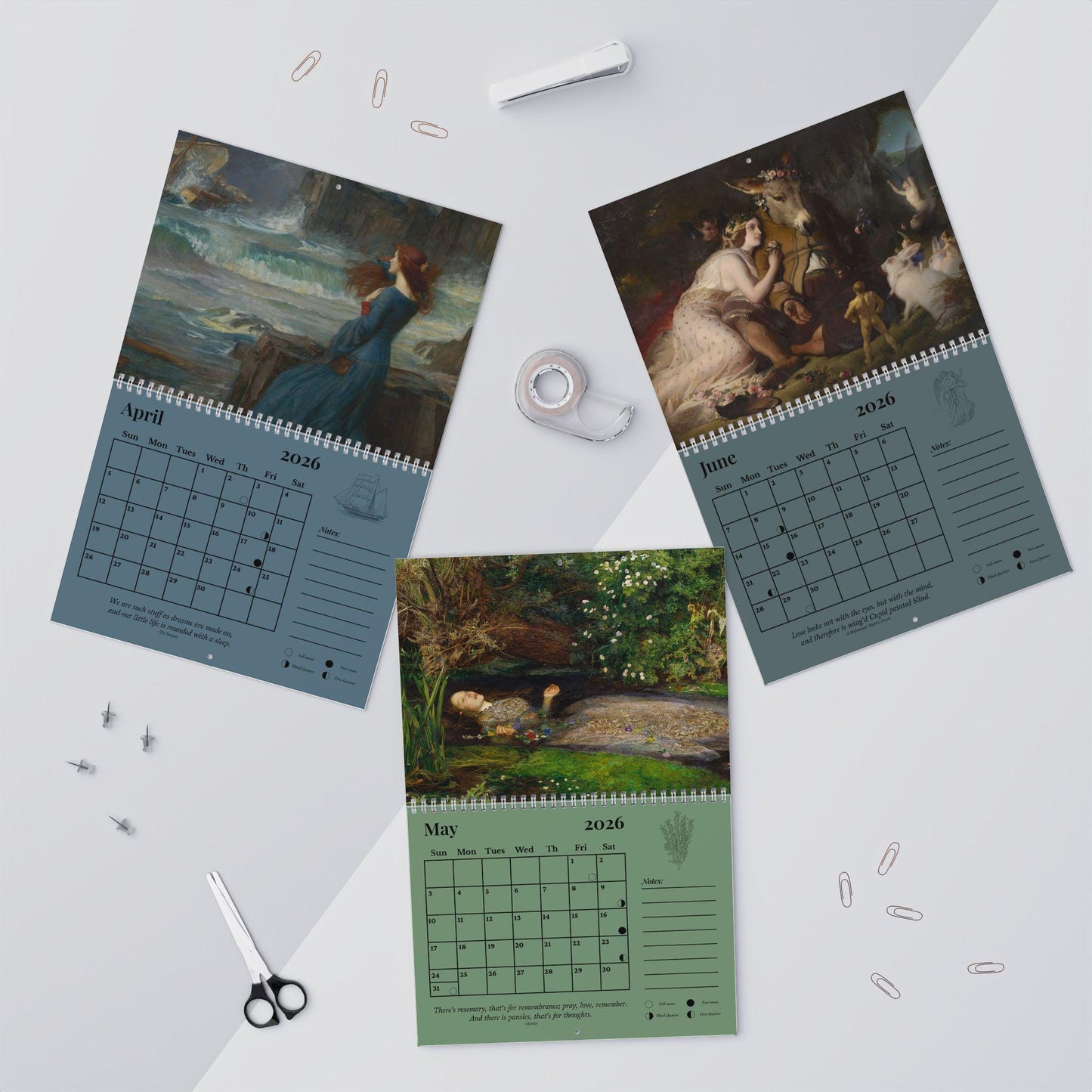 2026 Shakespeare Wall Calendar * Gift for Readers Bookish Home Office Decor Secret Santa Ophelia Waterhouse Pre Raphaelite Art Book Lover