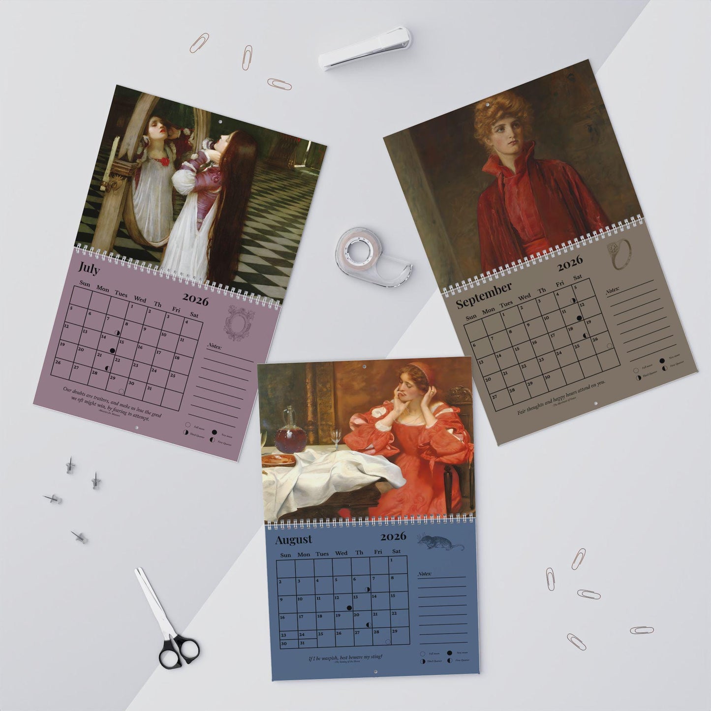 2026 Shakespeare Wall Calendar * Gift for Readers Bookish Home Office Decor Secret Santa Ophelia Waterhouse Pre Raphaelite Art Book Lover