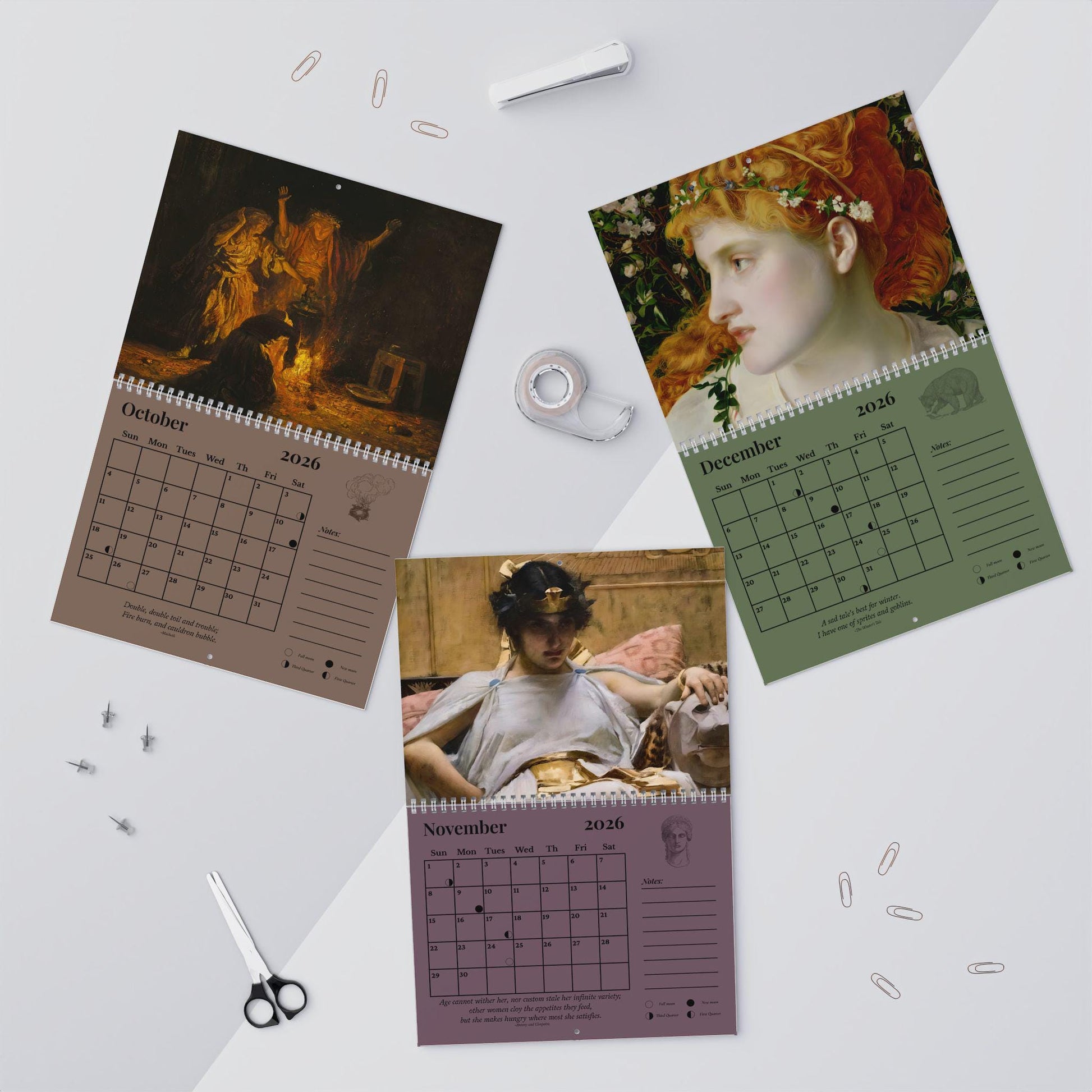 2026 Shakespeare Wall Calendar * Gift for Readers Bookish Home Office Decor Secret Santa Ophelia Waterhouse Pre Raphaelite Art Book Lover