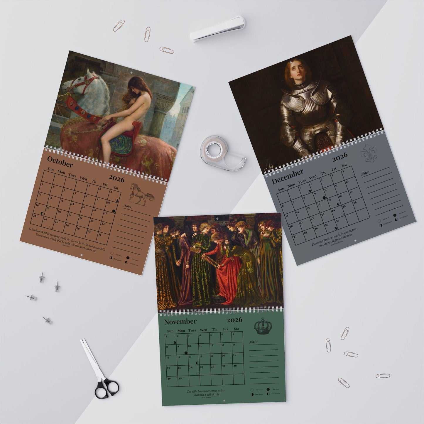 Medieval Muse Wall Calendar 2026 Pre-Raphaelite Medievalcore Art Knights Maidens Arthurian Romance Ophelia Godiva Shalott Waterhouse Dicksee
