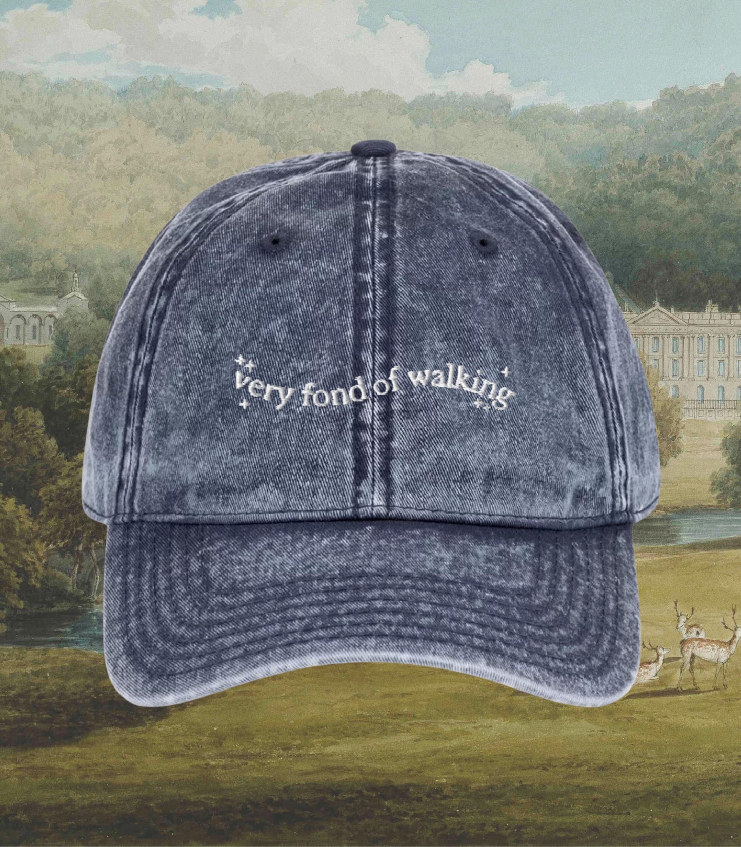 Very Fond of Walking Vintage Pride & Prejudice Embroidered Dad Hat