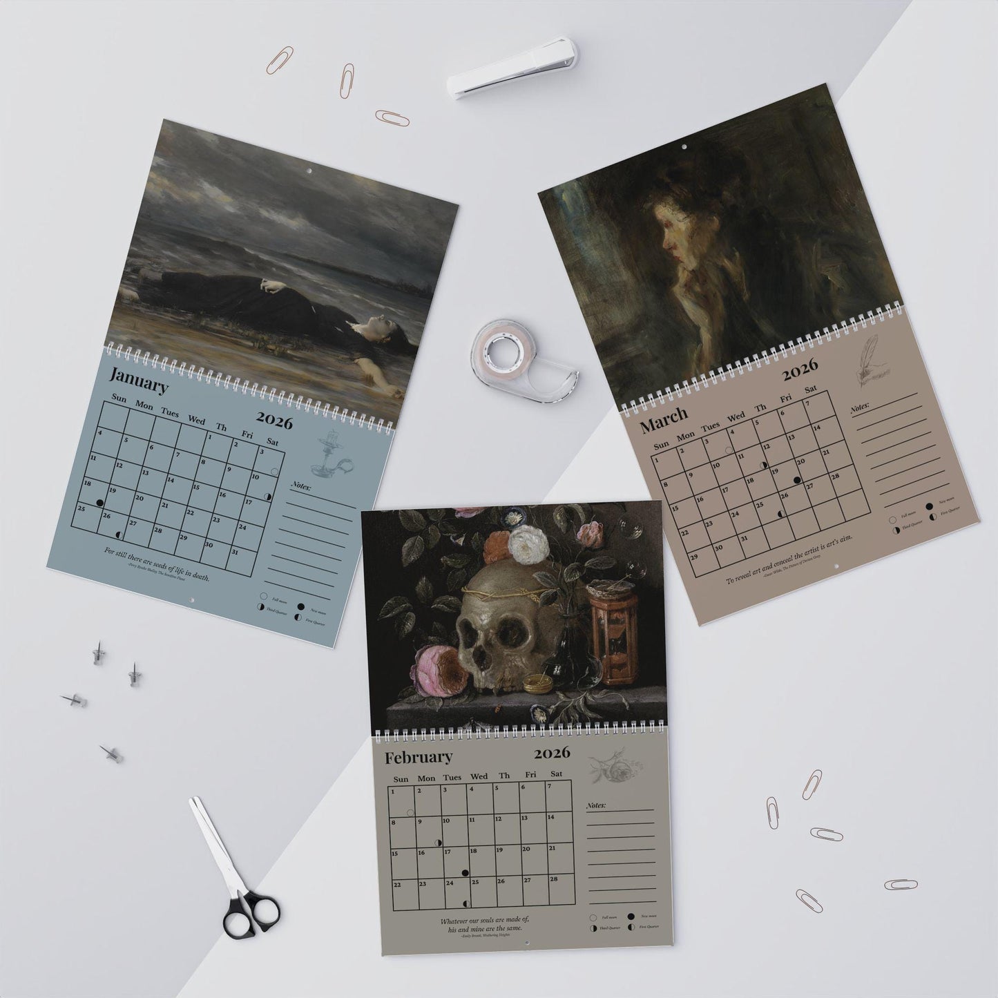 Dark Academia 2026 Wall Calendar * Home Office Decor Student Planner * Gothic Moody Vintage Paintings Aesthetic Book Lover Secret Santa Gift