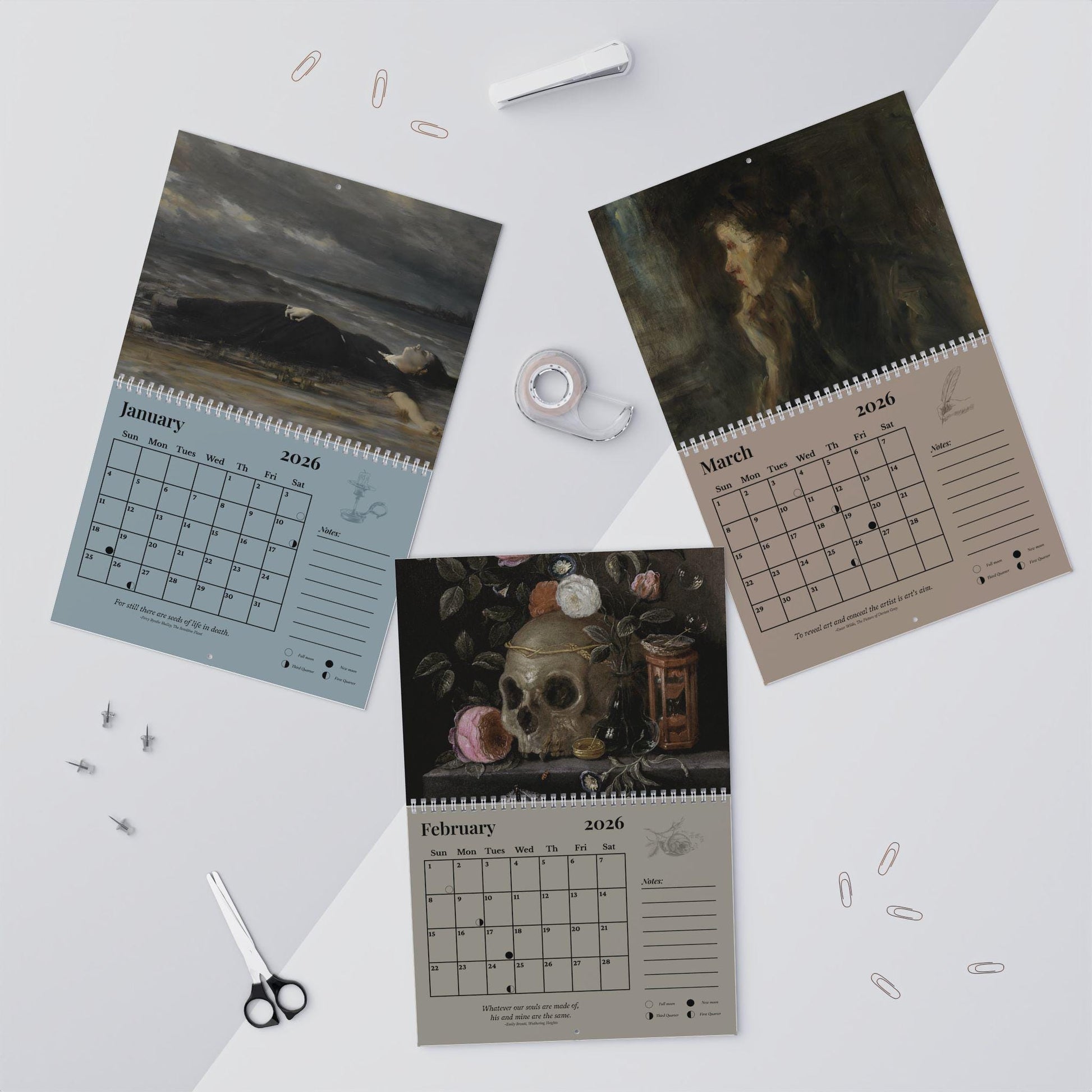 Dark Academia 2026 Wall Calendar * Home Office Decor Student Planner * Gothic Moody Vintage Paintings Aesthetic Book Lover Secret Santa Gift
