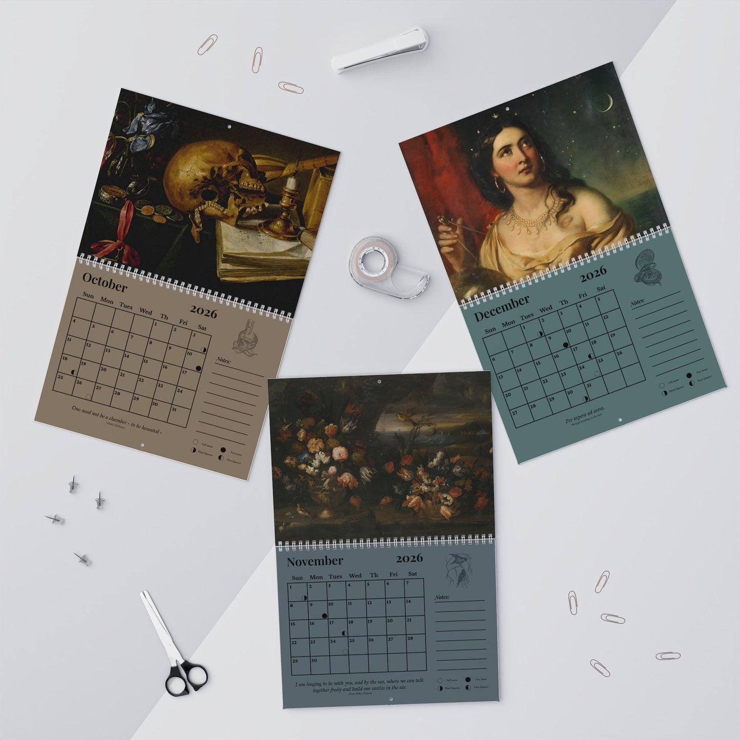 Dark Academia 2026 Wall Calendar * Home Office Decor Student Planner * Gothic Moody Vintage Paintings Aesthetic Book Lover Secret Santa Gift