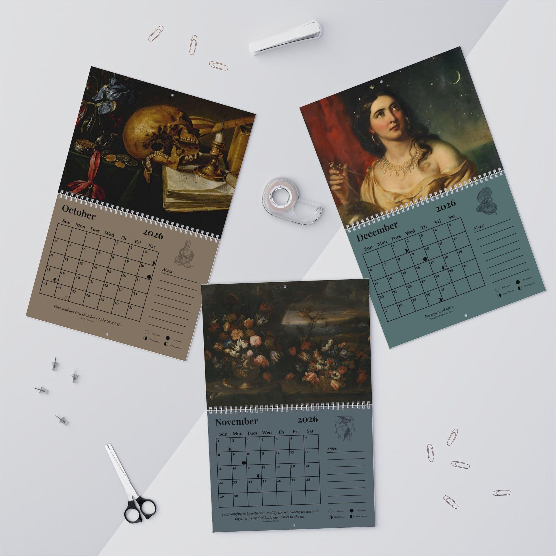 Dark Academia 2026 Wall Calendar * Home Office Decor Student Planner * Gothic Moody Vintage Paintings Aesthetic Book Lover Secret Santa Gift