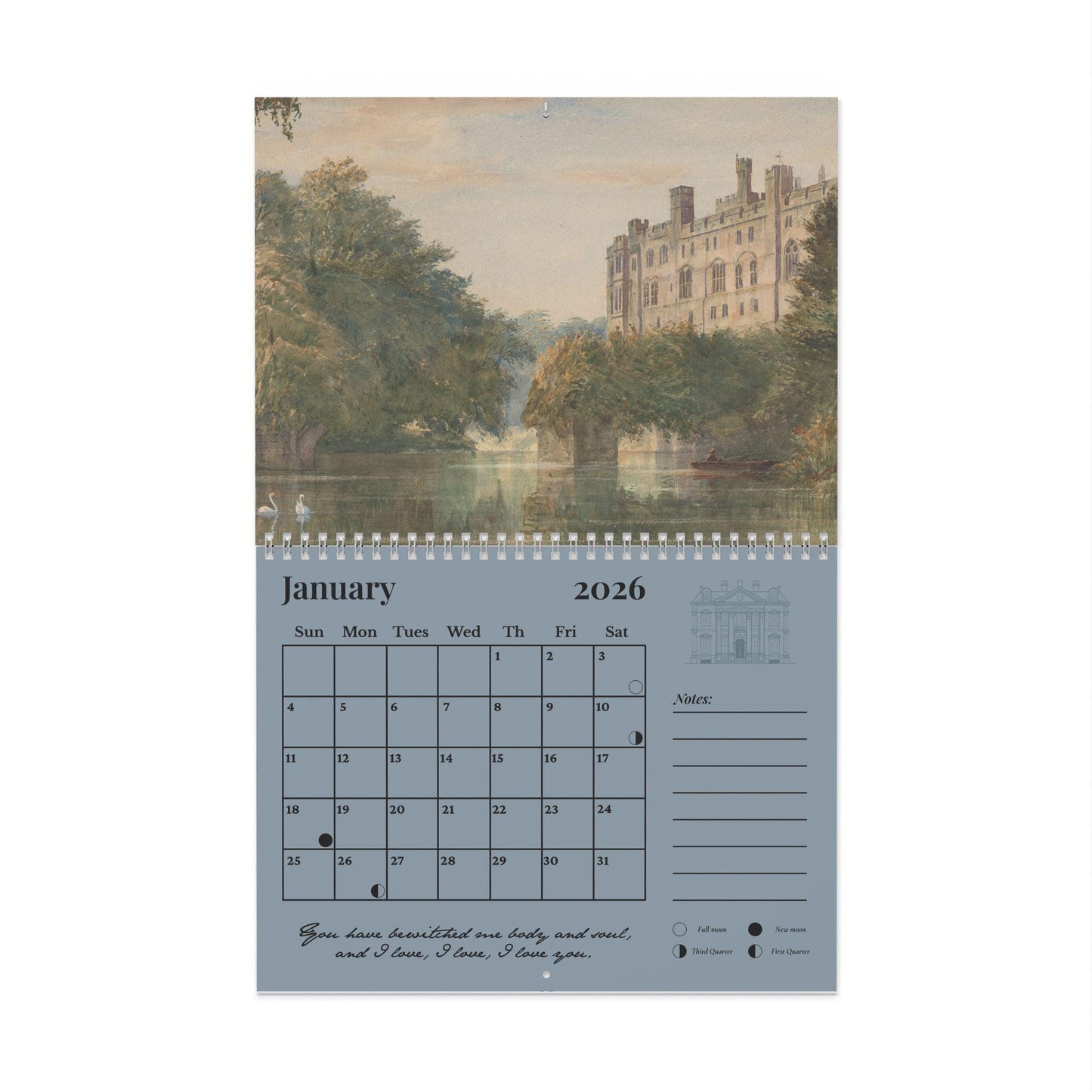 Pride & Prejudice 2026 Wall Calendar Book Lover Gift Home Office Decor Jane Austen Quote Bookish Merch Mr Darcy Pemberley Fond of Walking