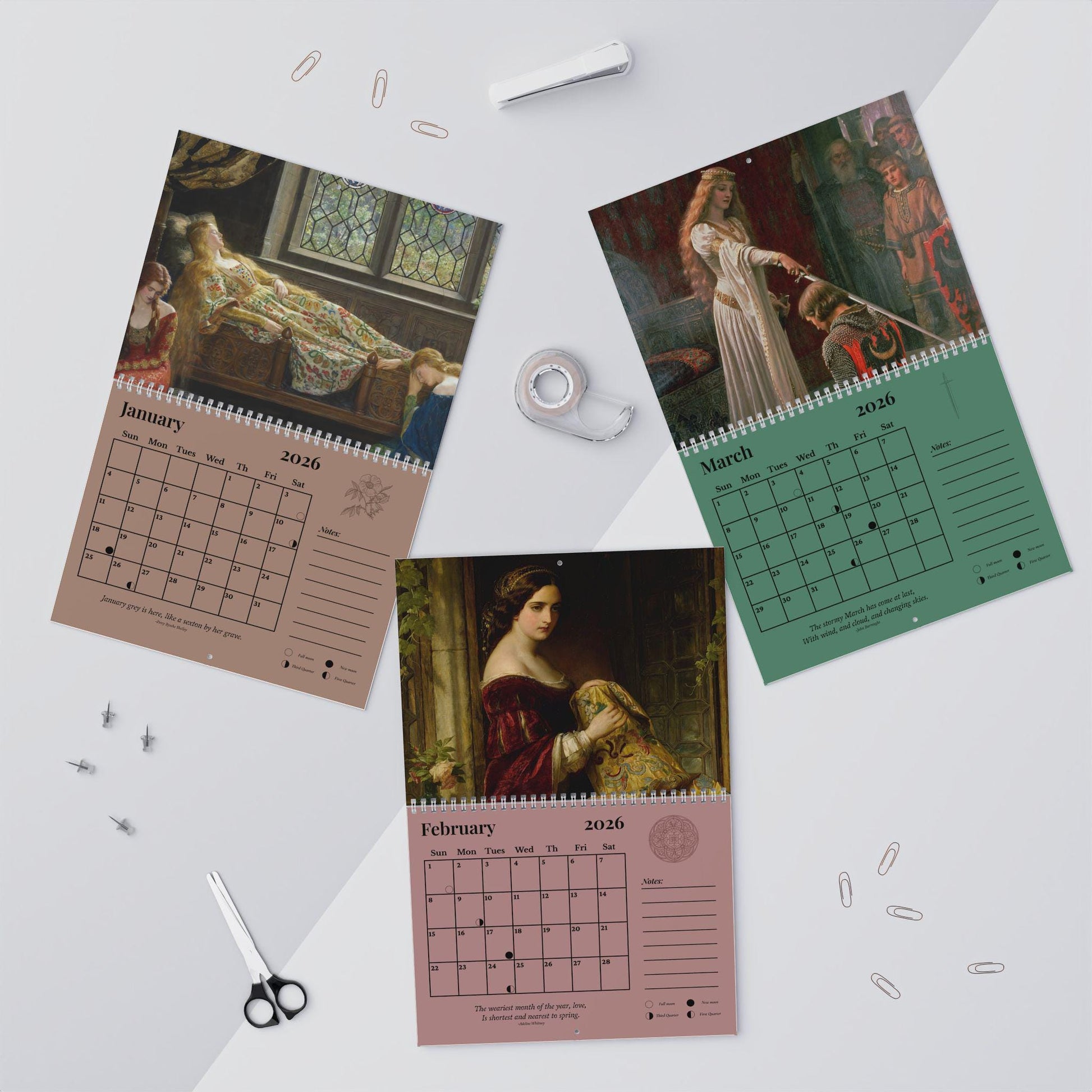 Medieval Muse Wall Calendar 2026 Pre-Raphaelite Medievalcore Art Knights Maidens Arthurian Romance Ophelia Godiva Shalott Waterhouse Dicksee