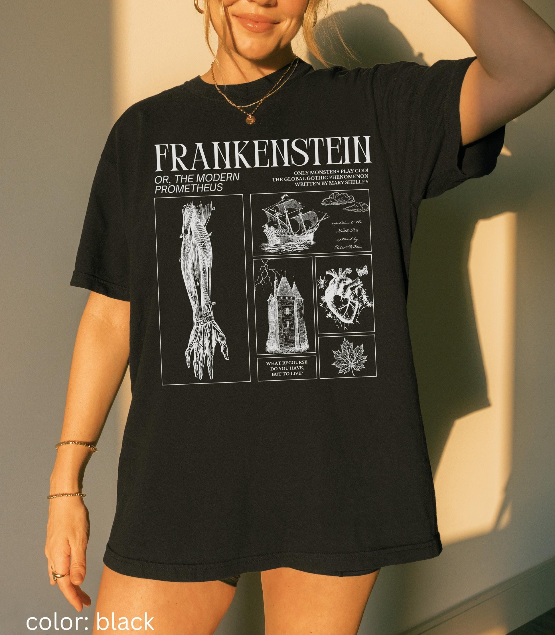 Frankenstein Mary Shelley Comfort Colors Unisex Tee * Retro Classic Horror Gothic Monster Movie Lover Bookish Dark Academia Valentine Gift