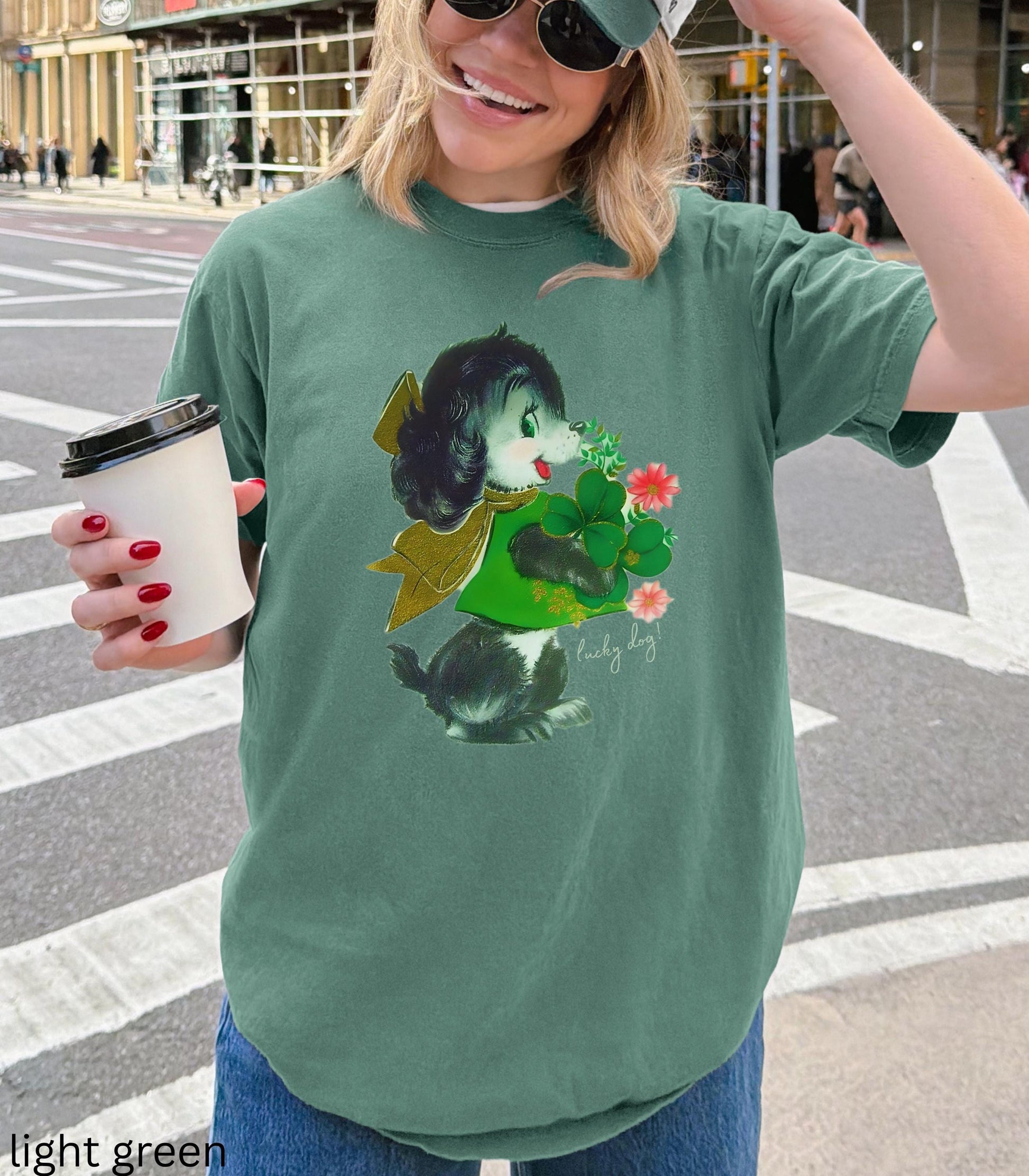 Retro Lucky Dog St Paddy's Day Oversized Comfort Colors Tee Lucky Girl Tini Bit Irish Goodbye Dog Lover Mom Good Luck Clover Shamrock Beer