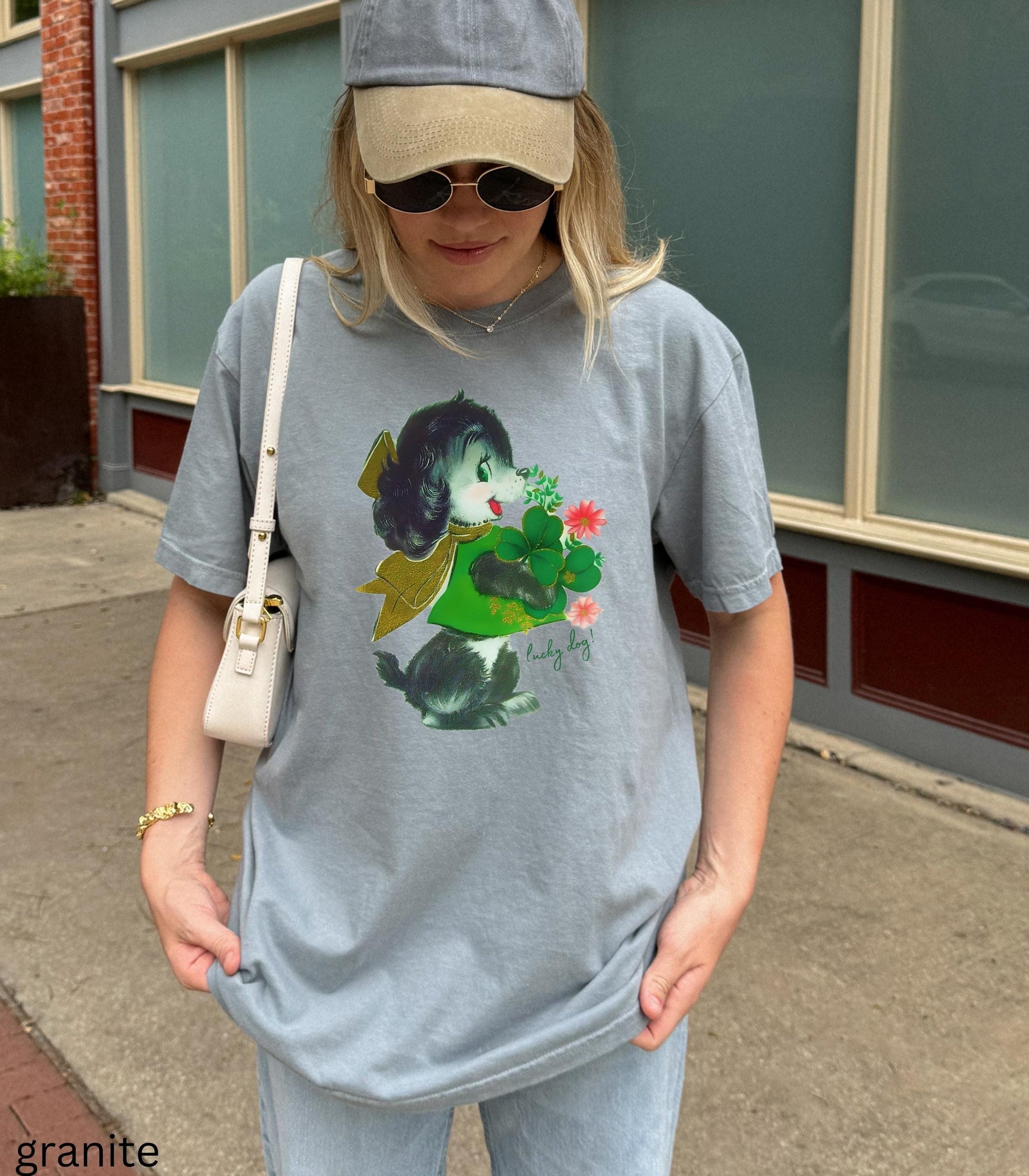 Retro Lucky Dog St Paddy's Day Oversized Comfort Colors Tee Lucky Girl Tini Bit Irish Goodbye Dog Lover Mom Good Luck Clover Shamrock Beer