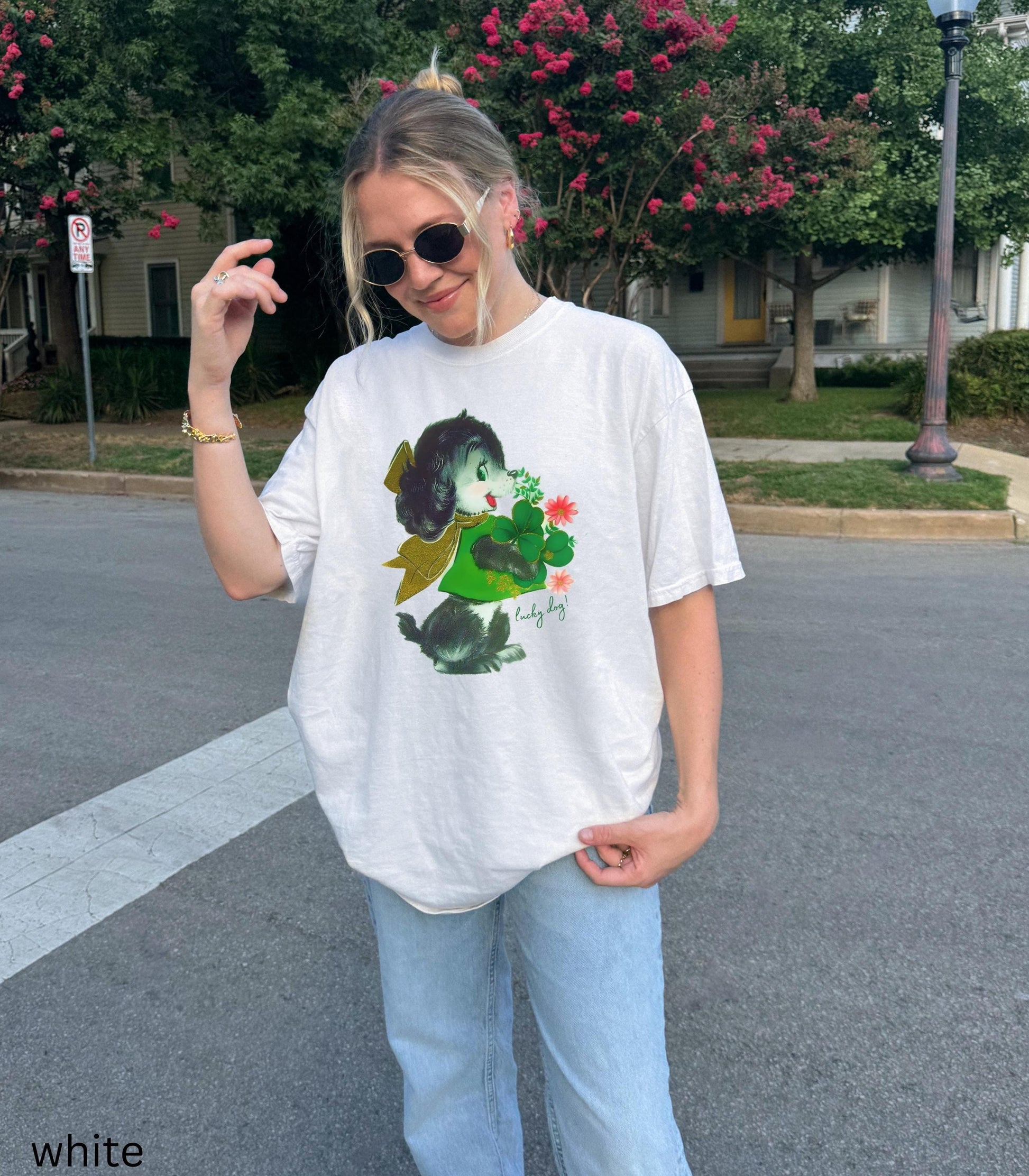 Retro Lucky Dog St Paddy's Day Oversized Comfort Colors Tee Lucky Girl Tini Bit Irish Goodbye Dog Lover Mom Good Luck Clover Shamrock Beer