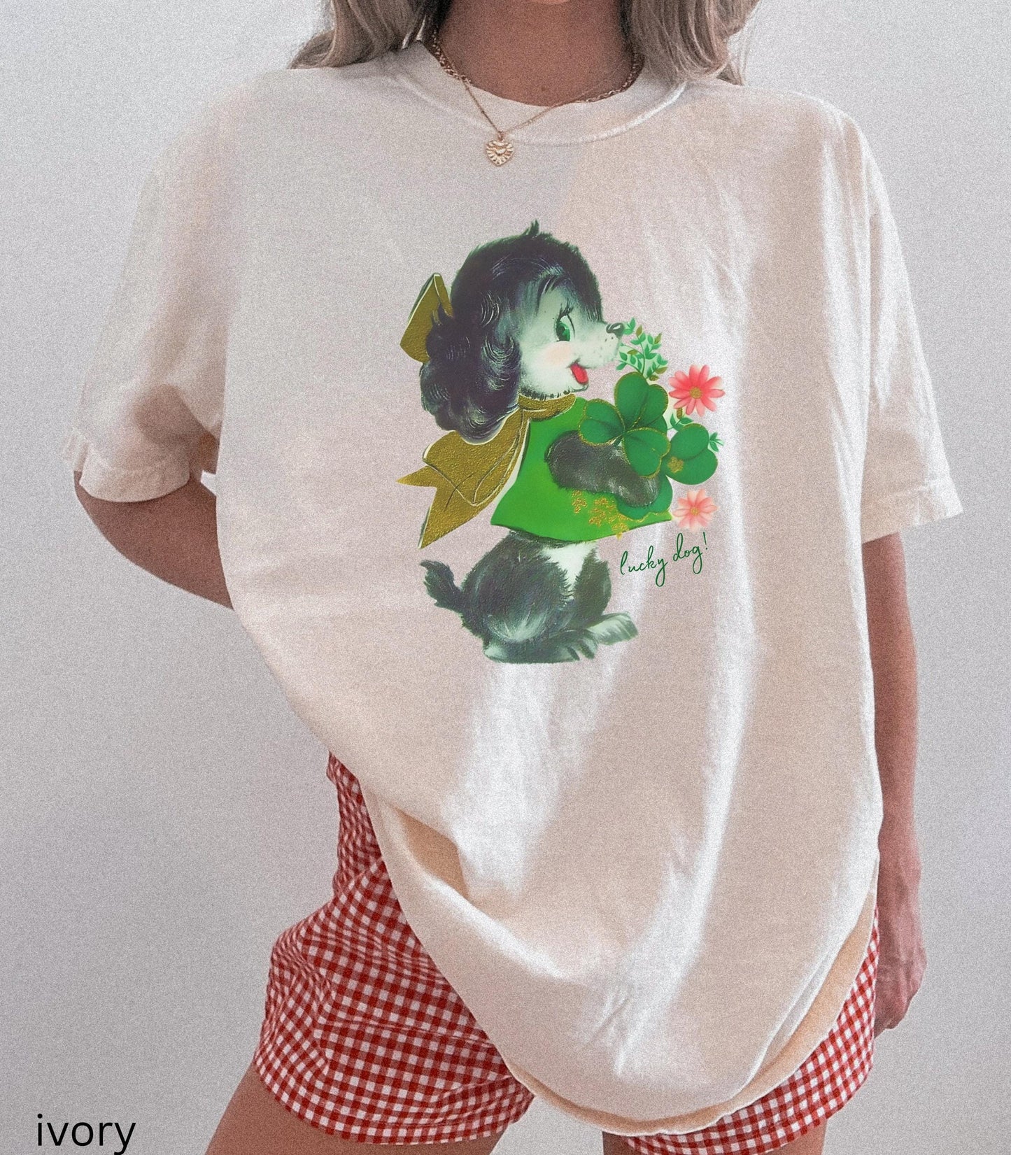 Retro Lucky Dog St Paddy's Day Oversized Comfort Colors Tee Lucky Girl Tini Bit Irish Goodbye Dog Lover Mom Good Luck Clover Shamrock Beer
