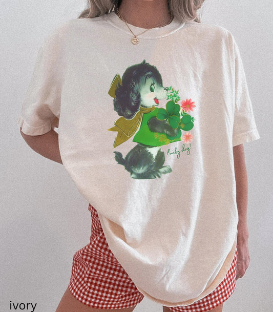 Retro Lucky Dog St Paddy's Day Oversized Comfort Colors Tee Lucky Girl Tini Bit Irish Goodbye Dog Lover Mom Good Luck Clover Shamrock Beer