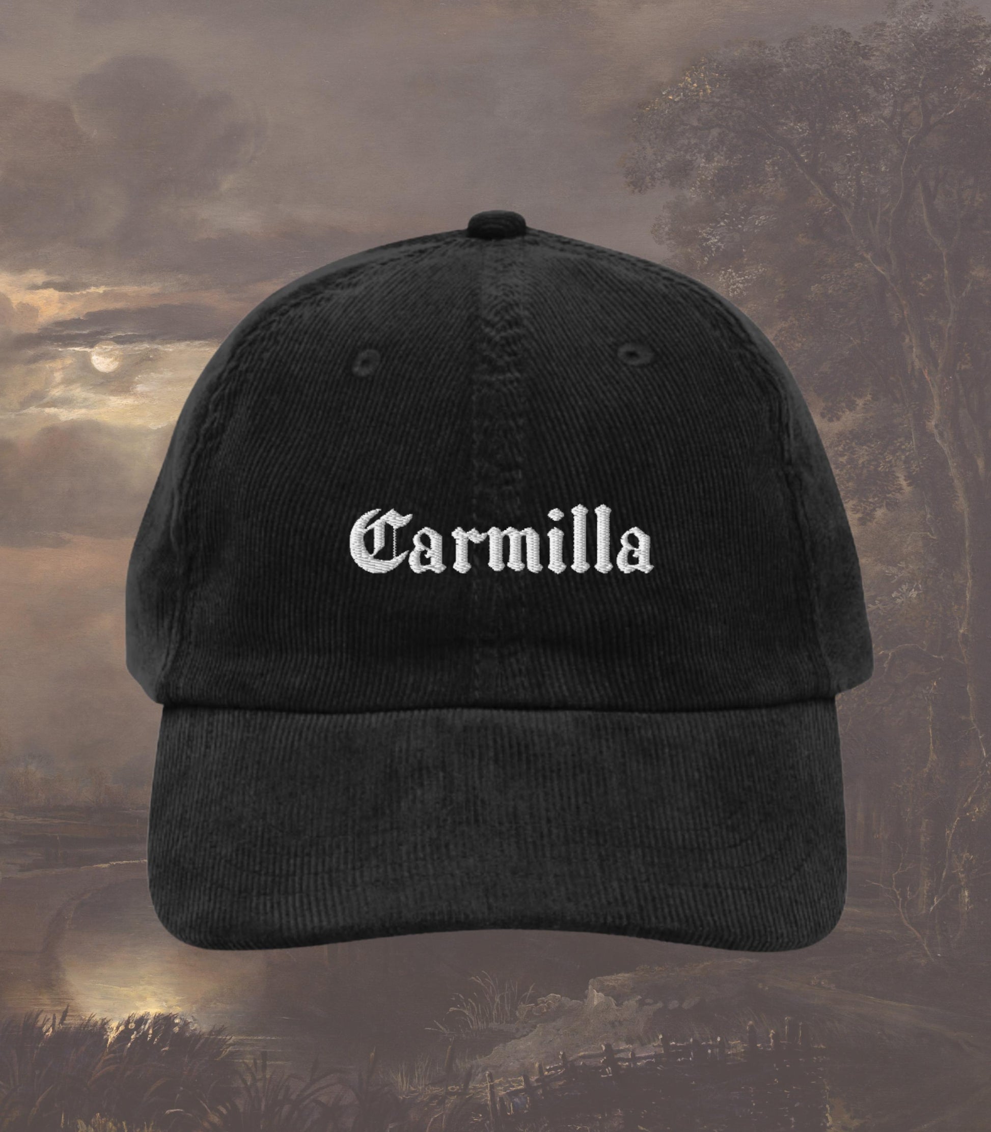 Carmilla Vampire Corduroy Embroidered Hat * Dark Gothic Sapphic Monster Romance Bookish Valentine Merch Gift Idea wlw Dracula Frankenstein