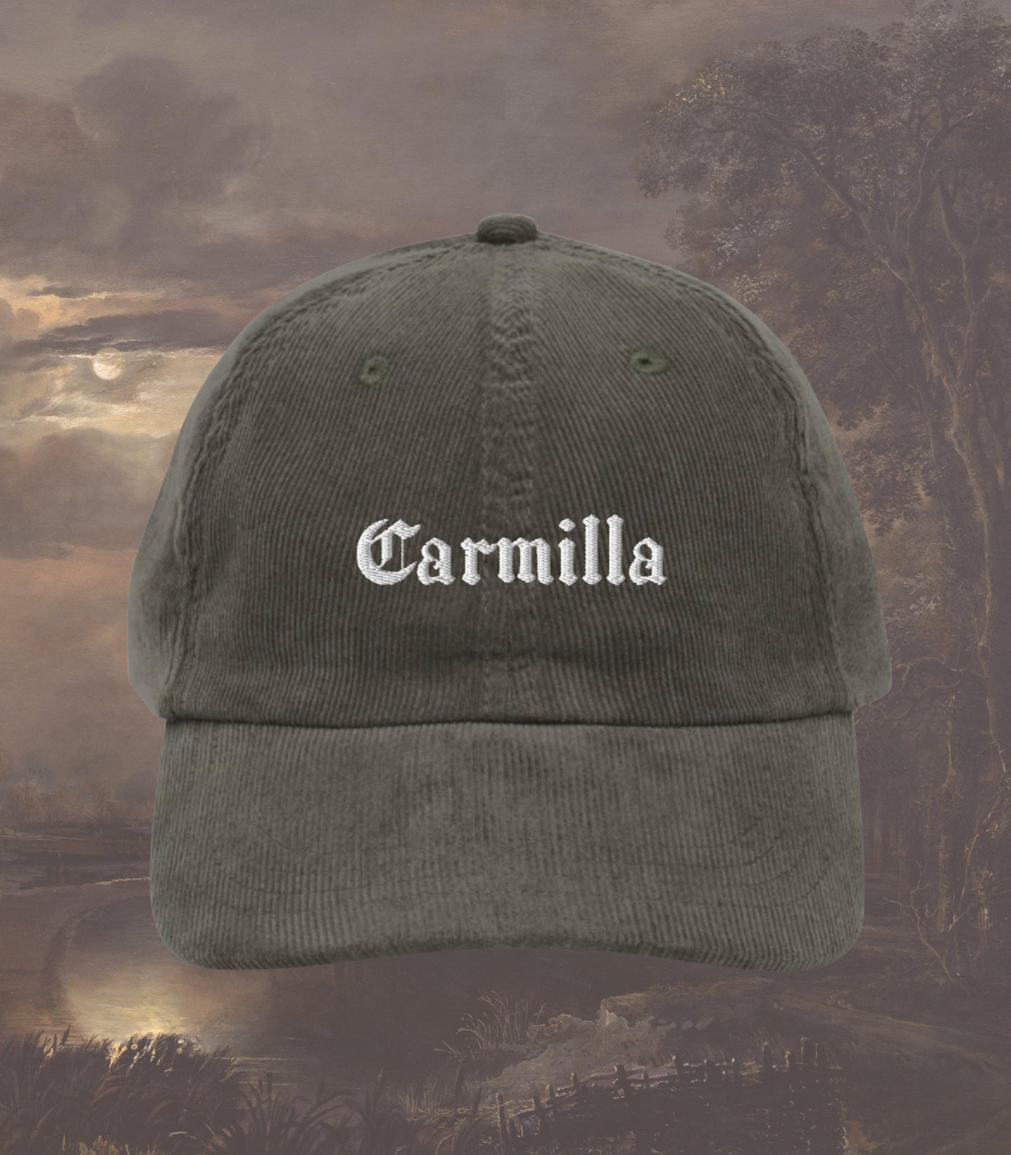 Carmilla Vampire Corduroy Embroidered Hat * Dark Gothic Sapphic Monster Romance Bookish Valentine Merch Gift Idea wlw Dracula Frankenstein