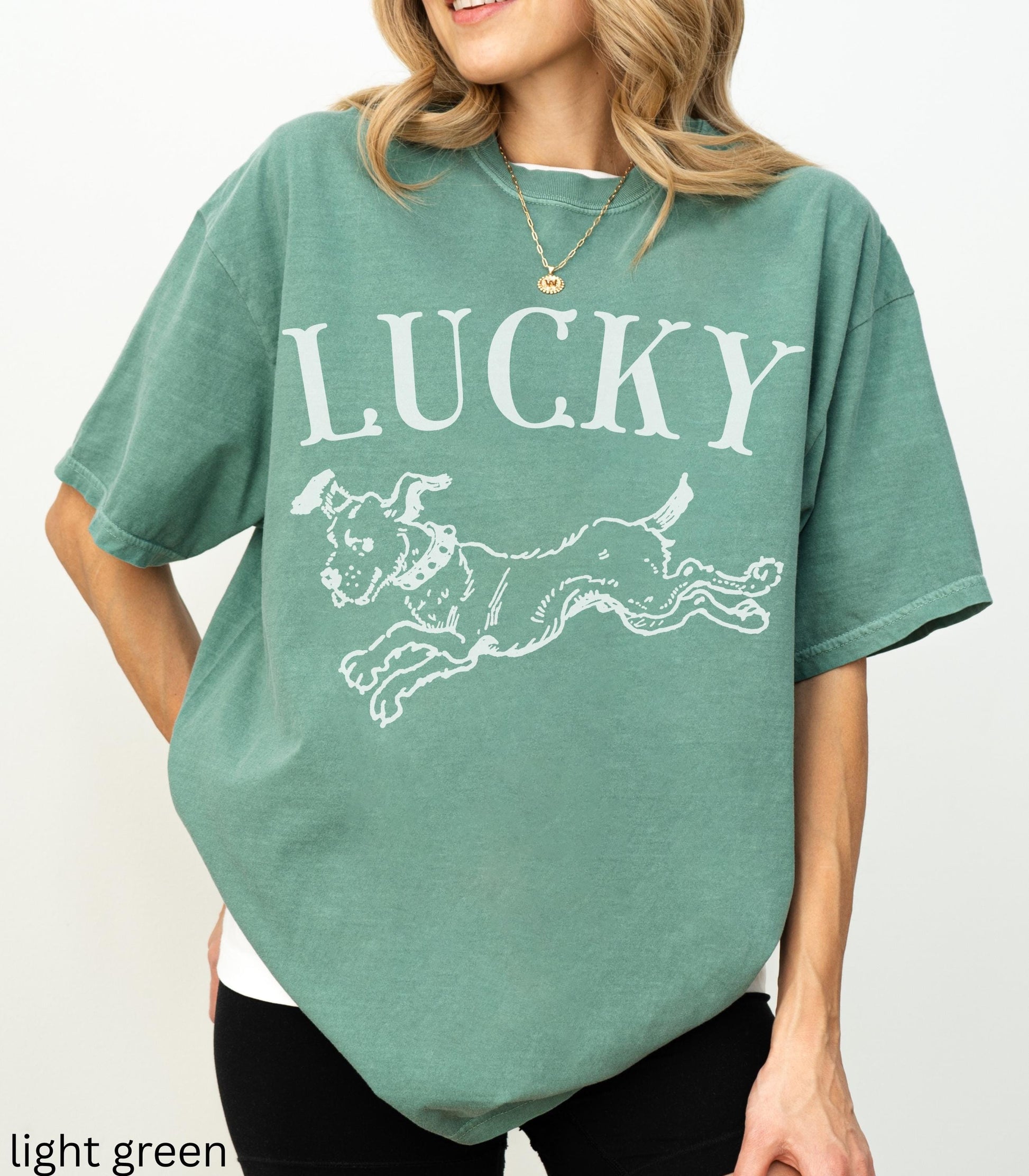 Lucky Dog St Paddy's Day Oversized Comfort Colors Graphic Tee Lucky Girl Tini Bit Irish Goodbye Dog Lover Dog Mom Good Luck Clover Shamrock