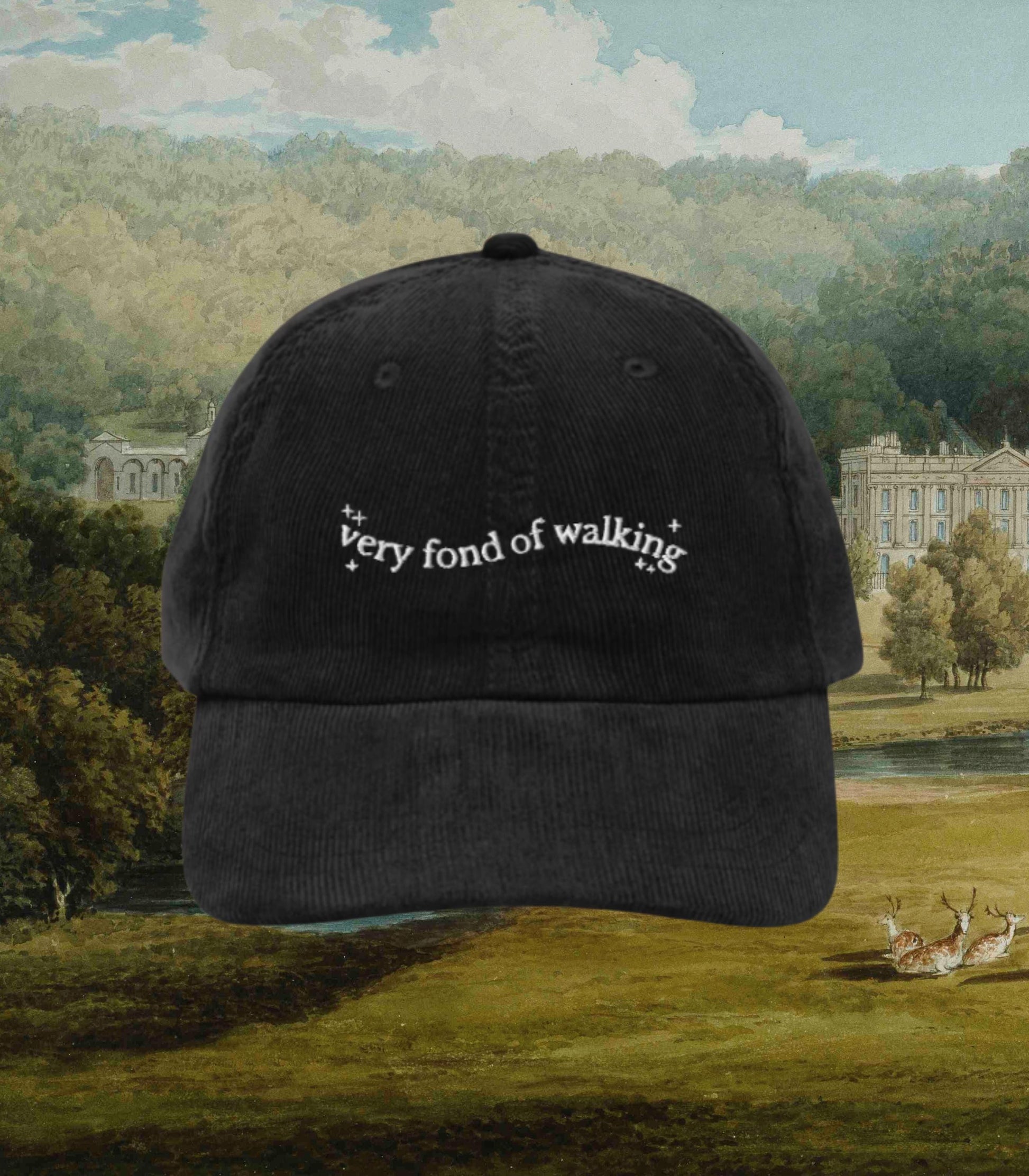 Pride & Prejudice Fond of Walking Vintage Embroidered Corduroy Dad Hat * pemberley mr darcy * Literature Bookish Gift Jane Austen Merch
