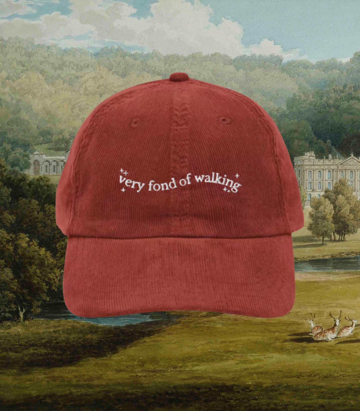 Pride & Prejudice Fond of Walking Vintage Embroidered Corduroy Dad Hat * pemberley mr darcy * Literature Bookish Gift Jane Austen Merch