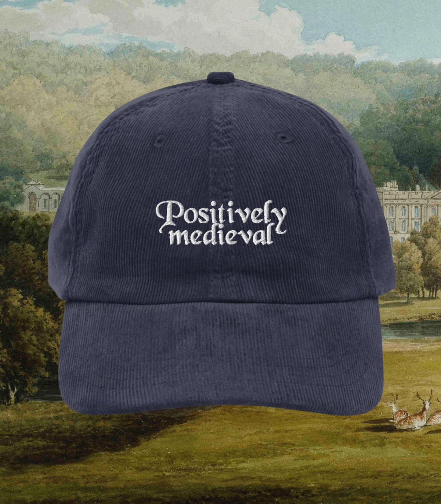 Pride & Prejudice Positively Medieval Ren Faire Vintage Embroidered Corduroy Dad Hat Pemberley Darcy Bookish Gift Jane Austen Merch Regency