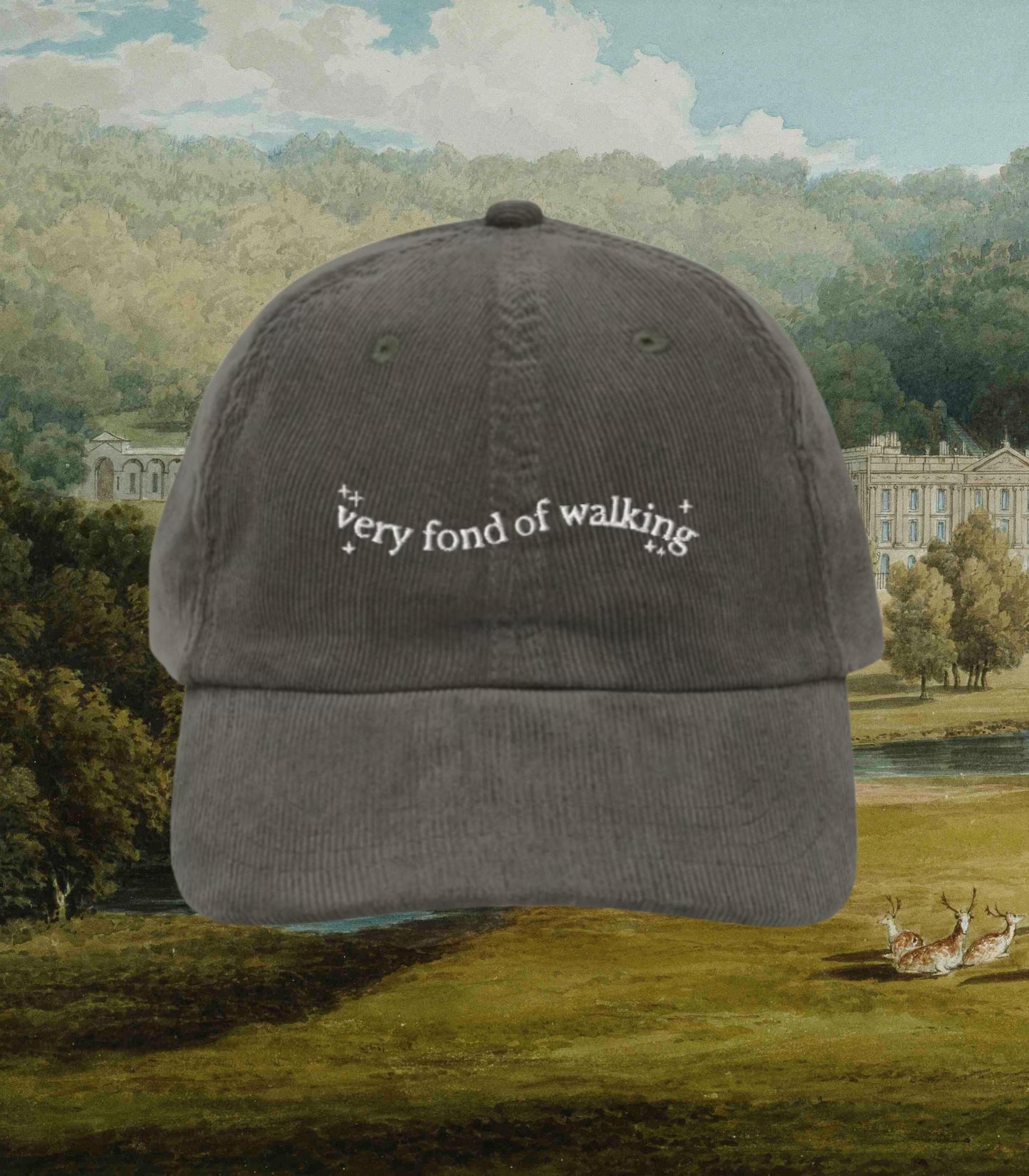 Pride & Prejudice Fond of Walking Vintage Embroidered Corduroy Dad Hat * pemberley mr darcy * Literature Bookish Gift Jane Austen Merch