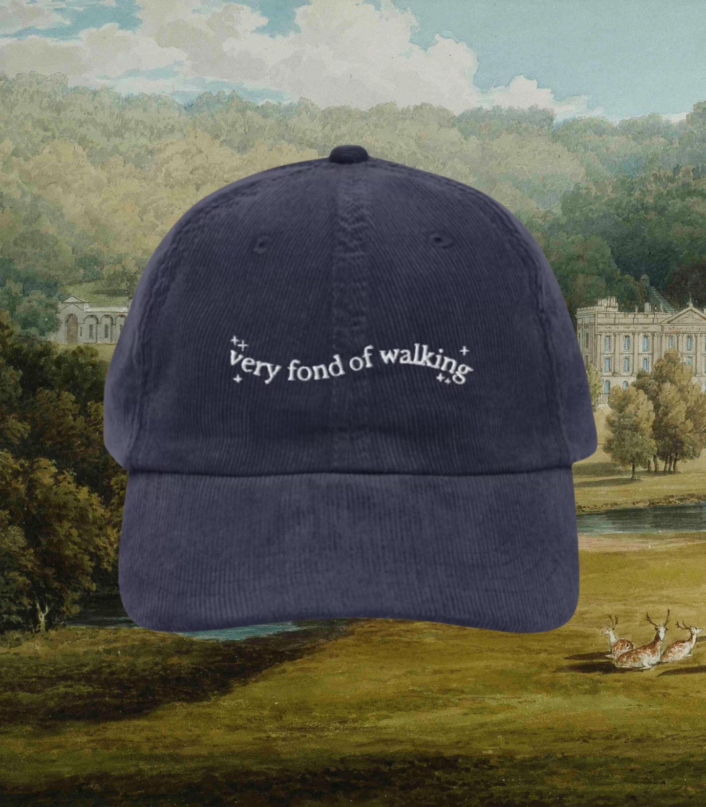 Pride & Prejudice Fond of Walking Vintage Embroidered Corduroy Dad Hat * pemberley mr darcy * Literature Bookish Gift Jane Austen Merch