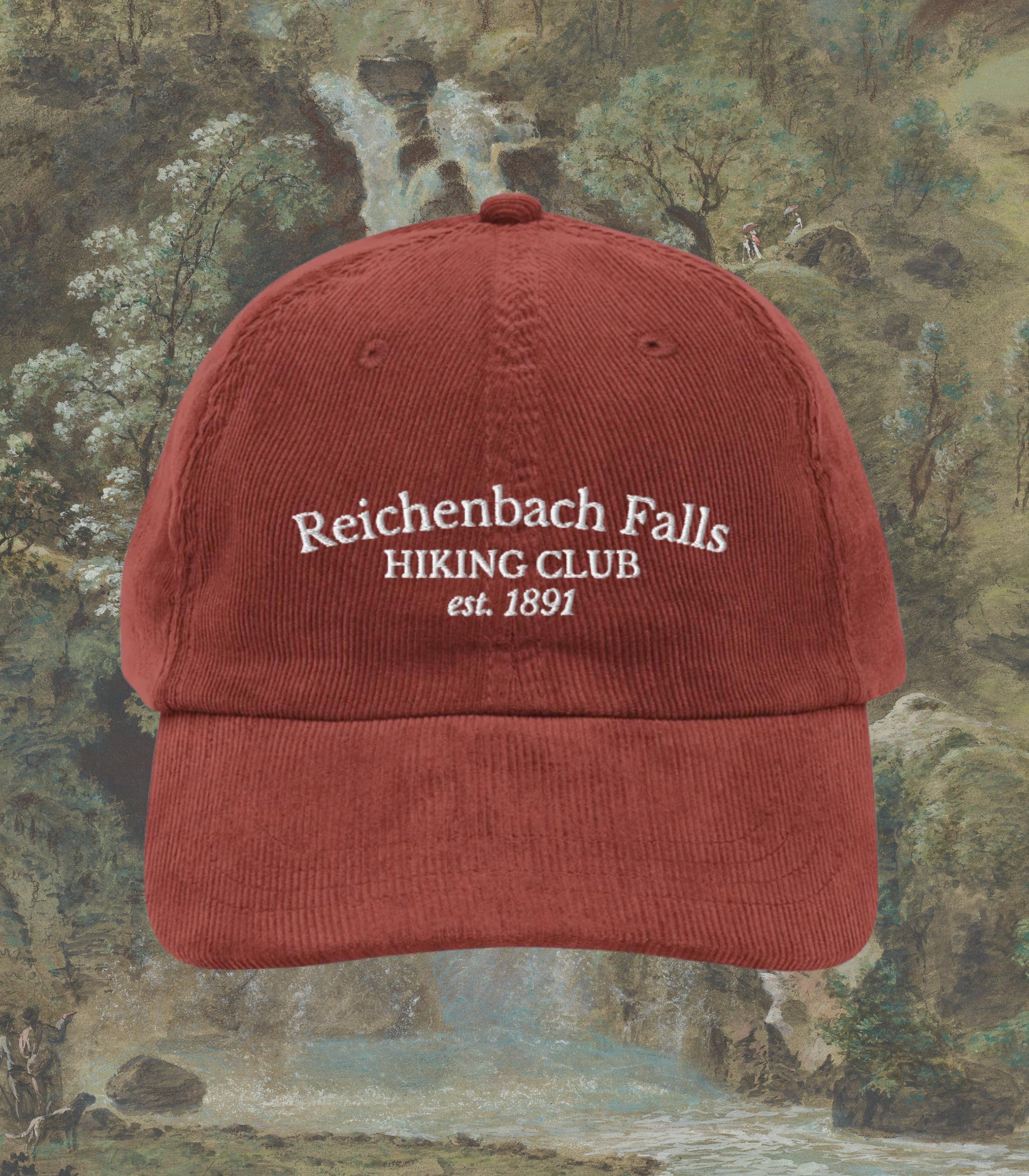 Sherlock Holmes Reichenbach Falls Hiking Club Embroidered Corduroy Hat Dark Academia Funny Hiker Gift Detective Mystery Reader 221b Baker