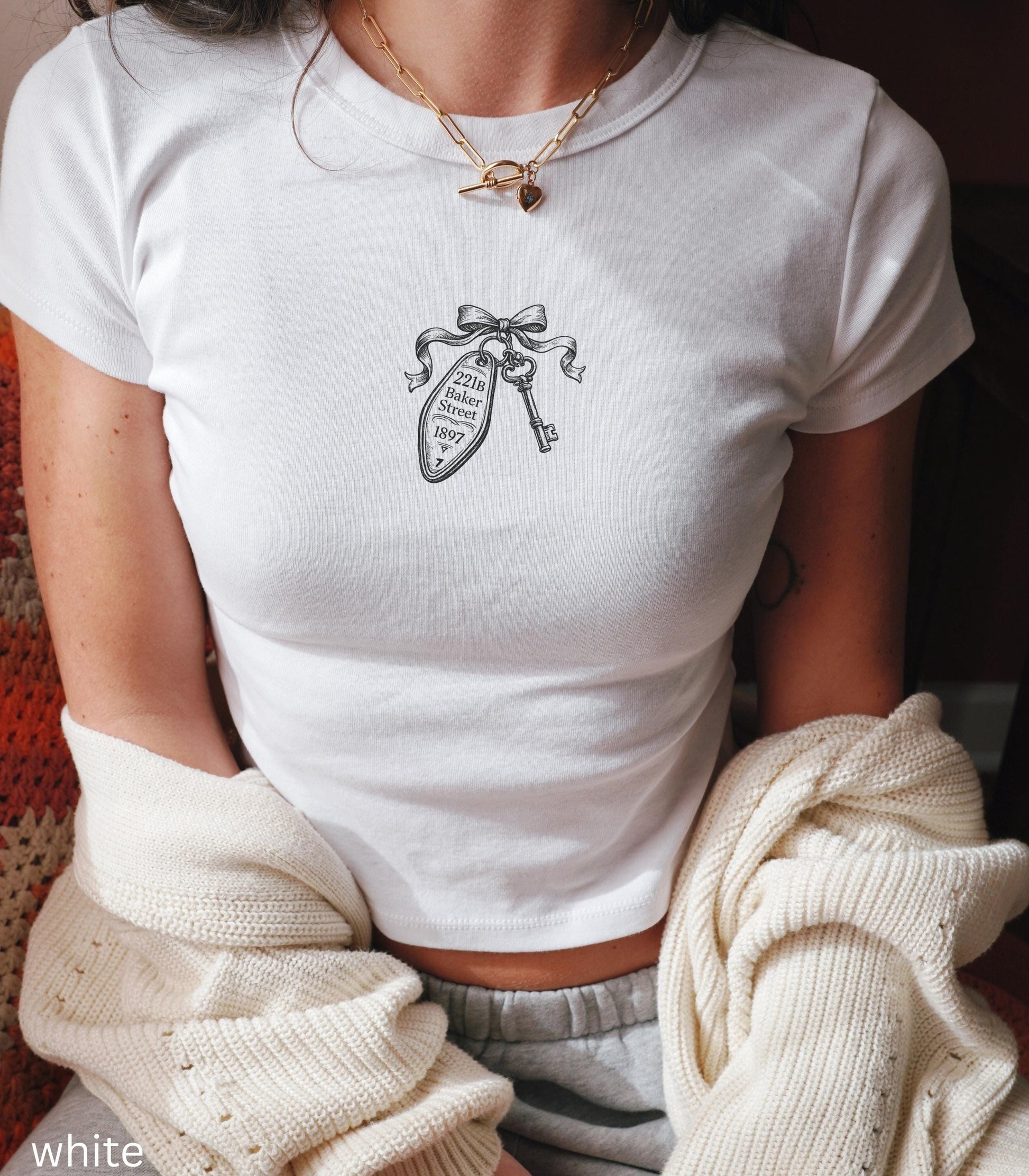 Sherlock Holmes 221B Baker Street Vintage Key Baby Tee * Keyfob Keychain Dark Academia Watson Detective Mystery Reader Bookish Club Gift