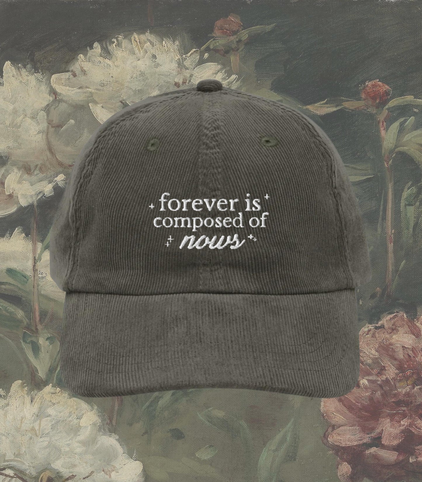 Emily Dickinson Forever is Composed of Nows Embroidered Corduroy Hat * Gothic Poetry Poet Dark Academia English Major Teacher Librarian Gift