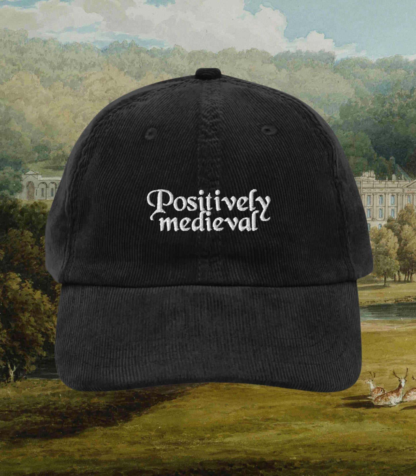 Pride & Prejudice Positively Medieval Ren Faire Vintage Embroidered Corduroy Dad Hat Pemberley Darcy Bookish Gift Jane Austen Merch Regency