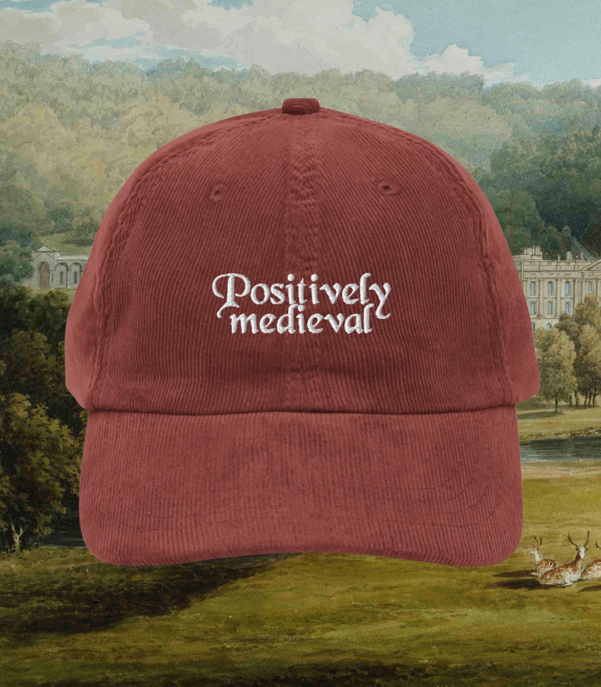 Pride & Prejudice Positively Medieval Ren Faire Vintage Embroidered Corduroy Dad Hat Pemberley Darcy Bookish Gift Jane Austen Merch Regency