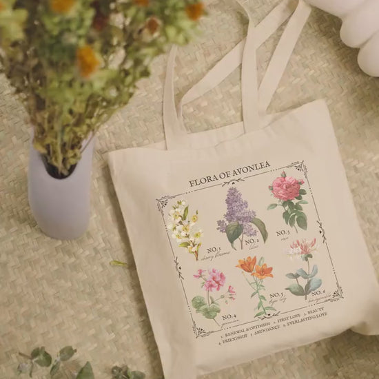 Anne of Green Gables Avonlea Literary Flower Chart Market Tote Bag Wild Flower Botanical Language of Flowers Cottagecore Bookish Lover Gift