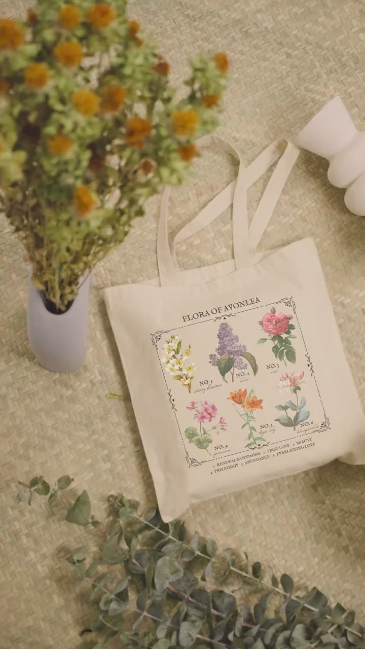 Anne of Green Gables Avonlea Literary Flower Chart Market Tote Bag Wild Flower Botanical Language of Flowers Cottagecore Bookish Lover Gift