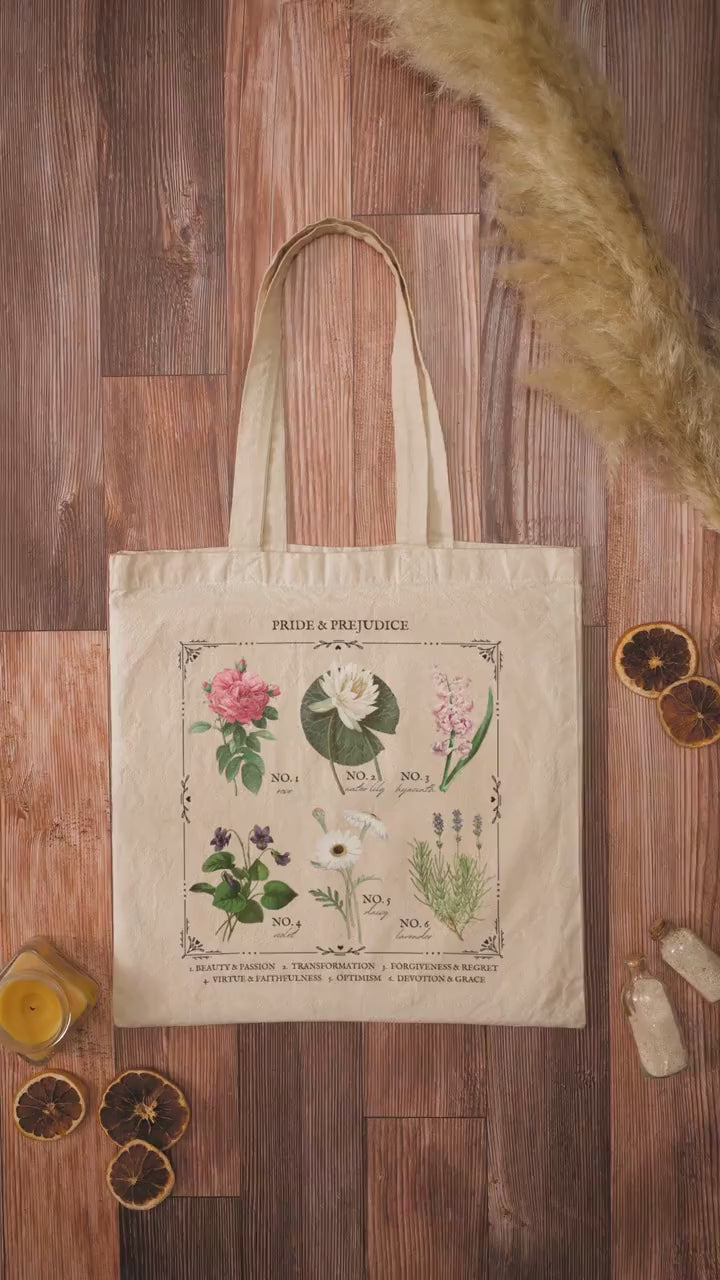 Jane Austen Pride and Prejudice flower chart tote book bag * Poetry Literature Bookish Merch Lover Christmas Gift Ideas mr darcy pemberley