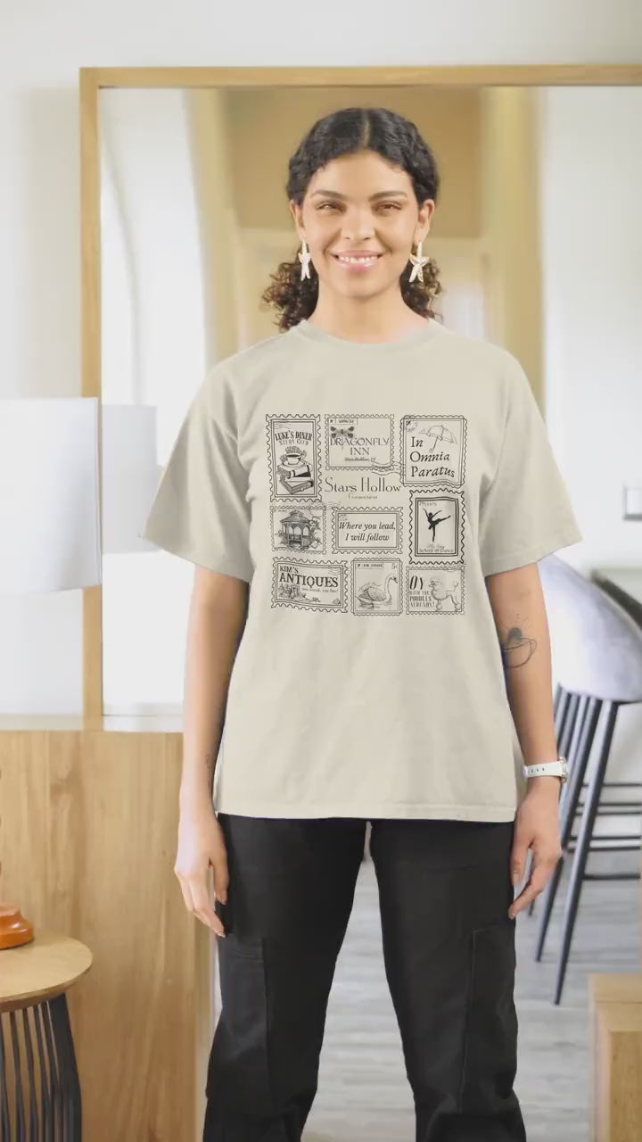 Stars Hollow Stamp Collection Tee Shirt Tshirt * Luke's Diner Dragonfly Inn In Omnia Paratus Postcard Book Lover Fandom Merch Bookish Gift