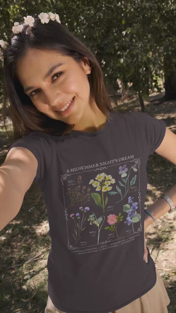 Shakespeare Midsummer Night's Dream Literary Flower Chart Herbology Floral Tee Shirt Tshirt * Bookish Bookworm Gift * Poet Literature Shirt