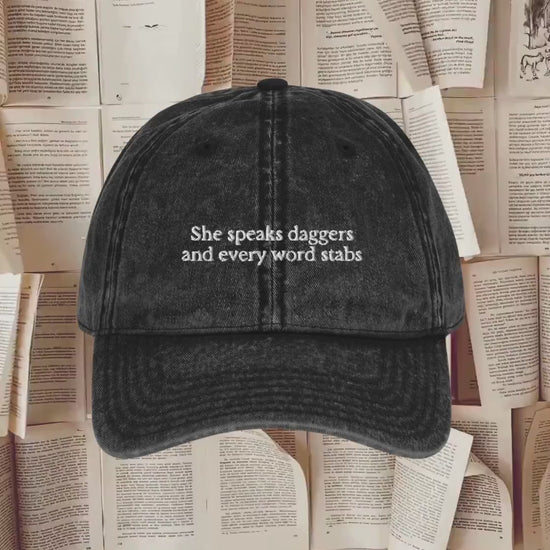 Shakespearean insult she speaks daggers embroidered dad hat aesthetic Shakespeare bookish fandom merch gift drama theater dark academia