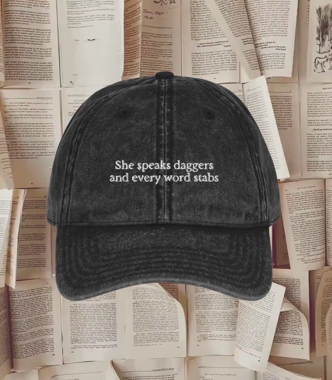 Shakespearean insult she speaks daggers embroidered dad hat aesthetic Shakespeare bookish fandom merch gift drama theater dark academia