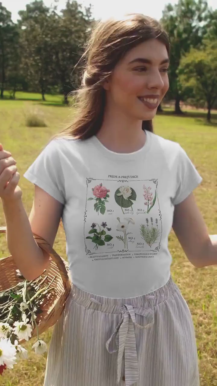 Jane Austen Pride and Prejudice flower chart tee shirt * Poetry Literature Bookish Book Merch Lover Christmas Gift Ideas mr darcy pemberley